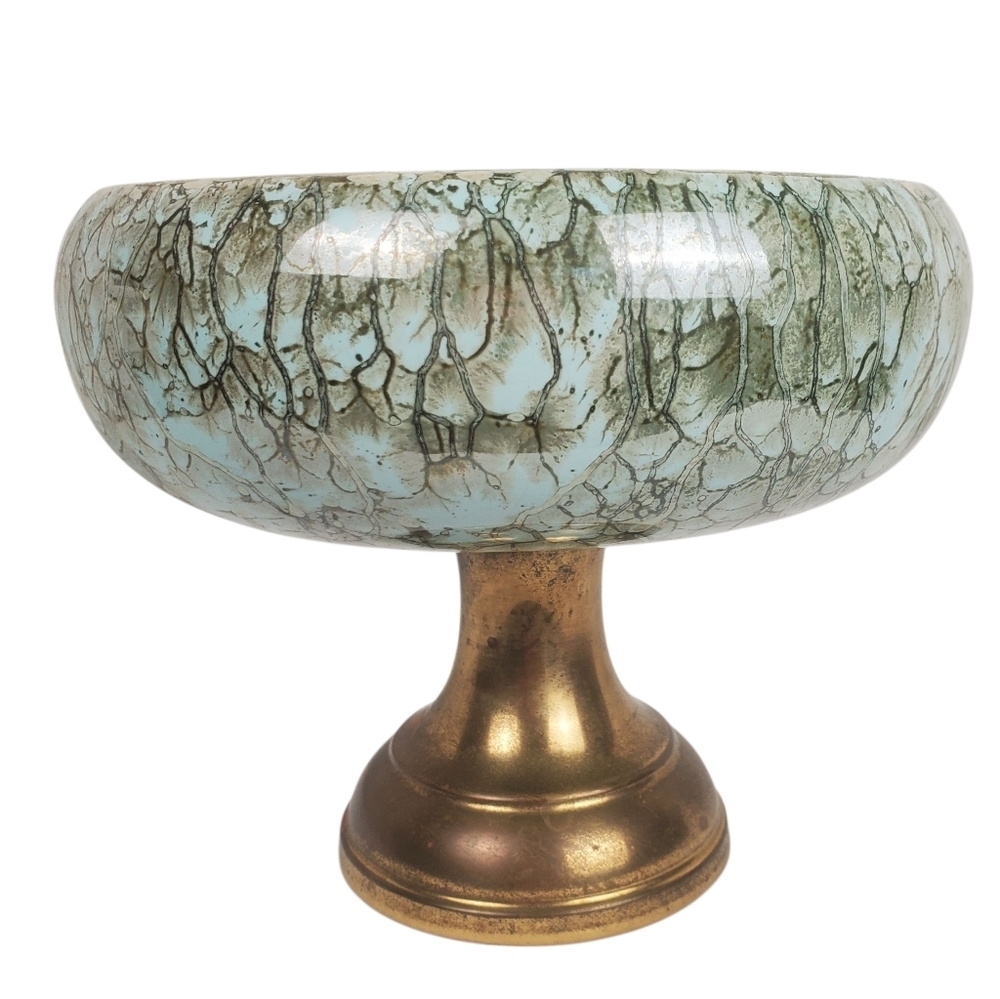 Vintage Mid-Century Modern Delft Holland Pedestal Bowl - Hand-Painted Turquoise - Picture 5 of 9